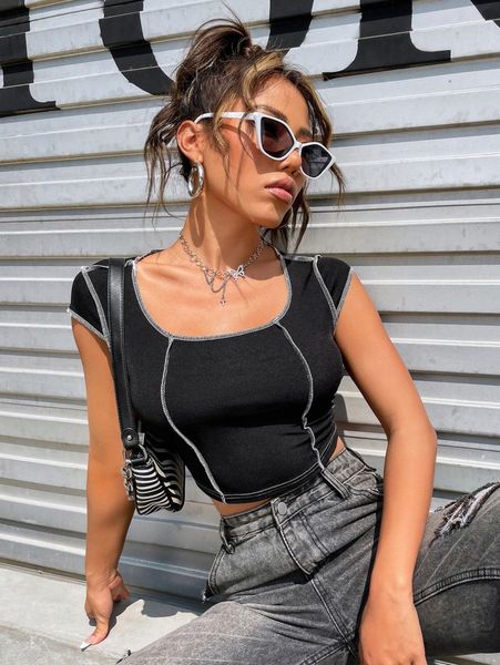 

contrast titching scoop neck crop tee p6v4#, White