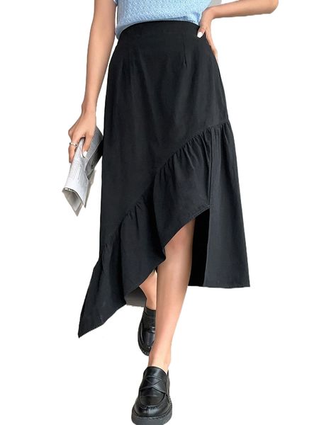 

dazy high waist asymmetrical ruffle hem skirt e6vy#, Black