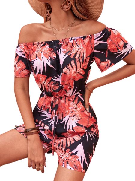 

tropical print off shoulder knot front romper 89mn#, Black;white