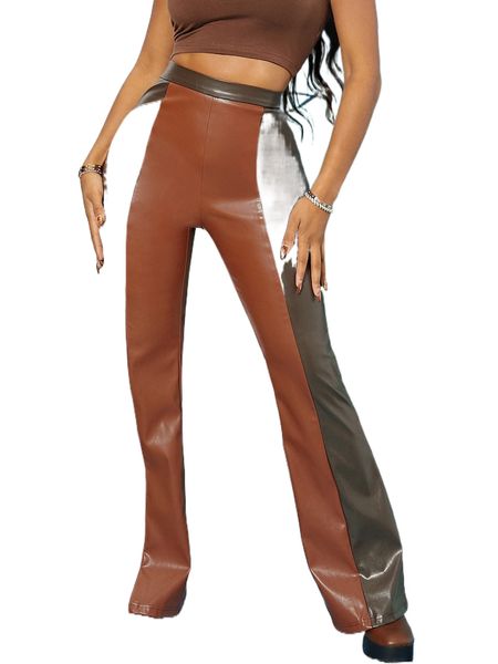 

two tone flare leg pu leather pants k9yq#, Black;white