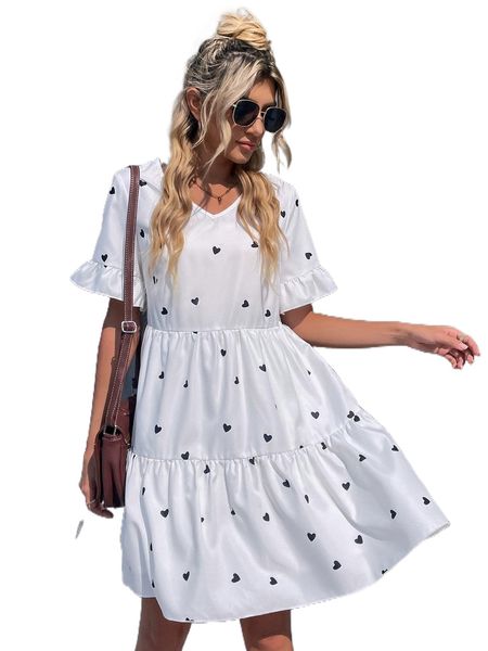 

heart print flounce sleeve ruffle hem smock dress 75l1#, Black;gray