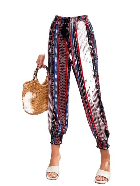 

geo print tassel drawstring pants q6sy#, Black;white