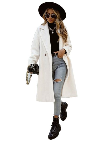 

solid single button pockets detail teddy coat l9hw#, Black