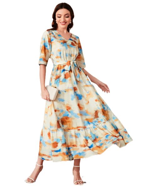 

tie dye ruffle hem belted dress c74x#, Black;gray