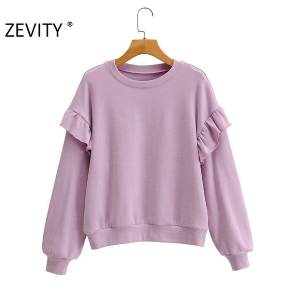 

zevity women fashion ruffles long sleeve casual loose sweatshirts femme basic o neck leisure hoodies chic pullover s403 201216, Black