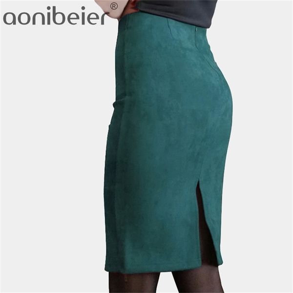 

aonibeier women suede solid color pencil female autumn winter high waist bodycon vintage split thick stretchy skirts 210315, Black