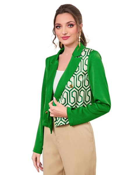 

geometric print double breasted satin blazer s023#, White