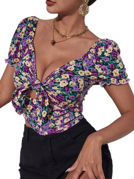 

allover floral print tie front cut out crop tee p0y4#, White