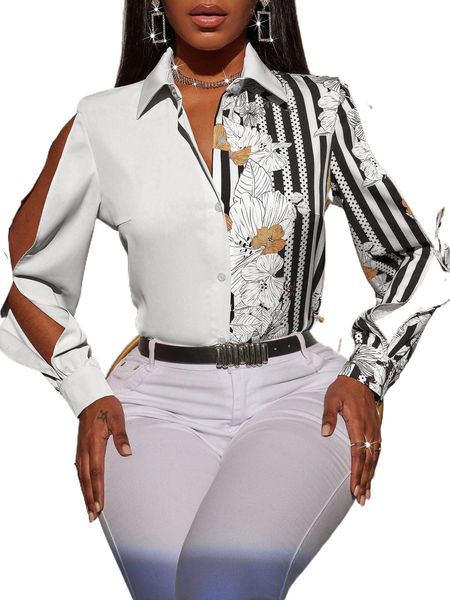 

striped & floral print slit sleeve blouse t2yg#, White