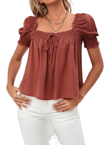 

shirred frill trim knot front puff sleeve square neck blouse c3dy#, White