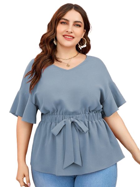 

plus flutter sleeve peplum hem tie front blouse d5kb#, Black