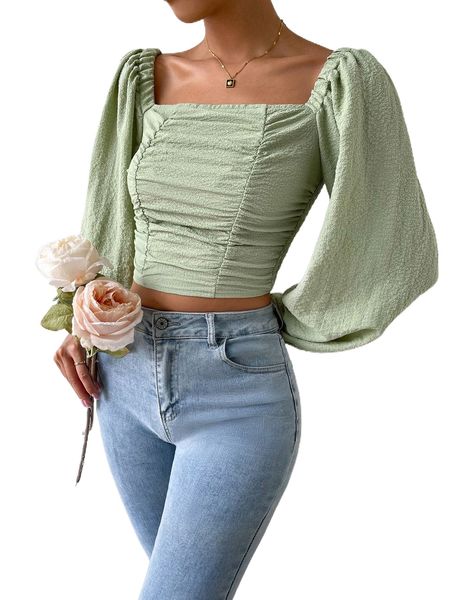 

lantern sleeve square neck ruched shirred back blouse x7ou#, White
