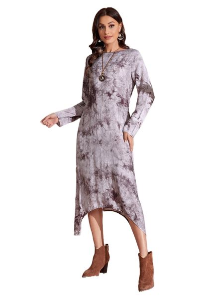 

emery rose asymmetrical hem tie dye dress c9b0#, Black;gray