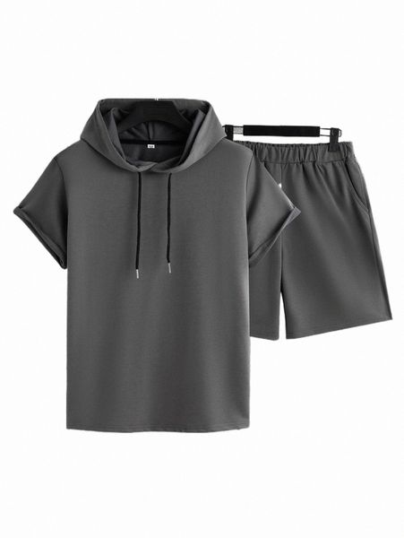 

men solid drawstring hooded tee & shorts i2am#, Gray