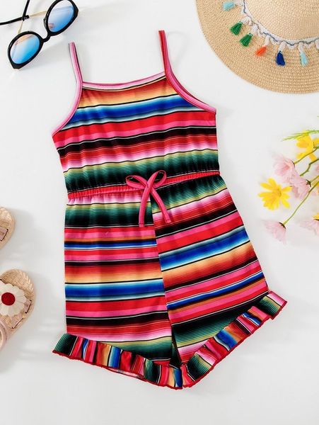 

toddler girls colorful striped tie front ruffle hem cami romper she, Blue