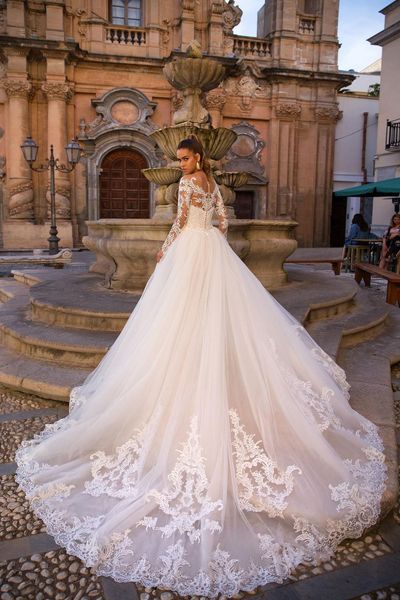 

princess a-line wedding dresses gowns lace tulle long sleevel strapless off shoulder backless appliques sequins with detachable train robe c, White