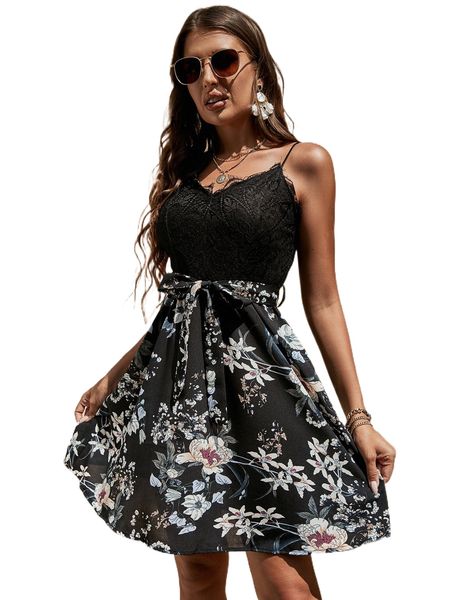 

floral print eyelash lace panel belted cami dress 447i#, Black;gray