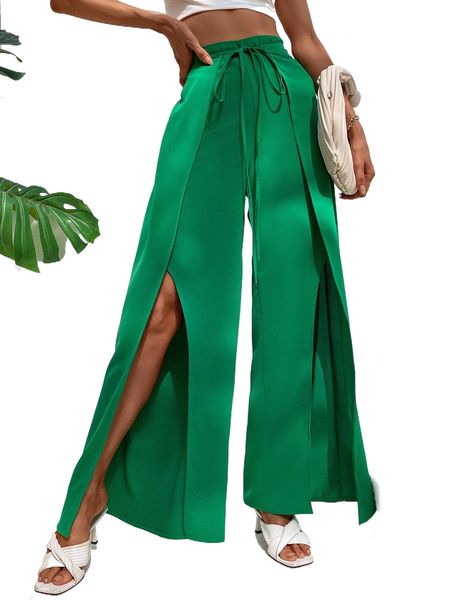 

solid tie front split thigh wide leg pants t5xa#, Black;white