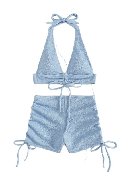 

drawstring textured halter bikini swimsuit p4mb#, White;black