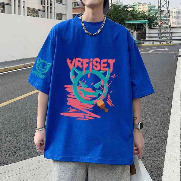 

designer men's t-shirt klein blue summer pure cotton couple cartoon little devil short sleeve loose t-shirt large men, White;black