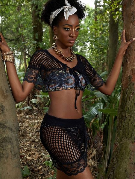 

contrast lace hollow out cover up set o6ky#, White;black