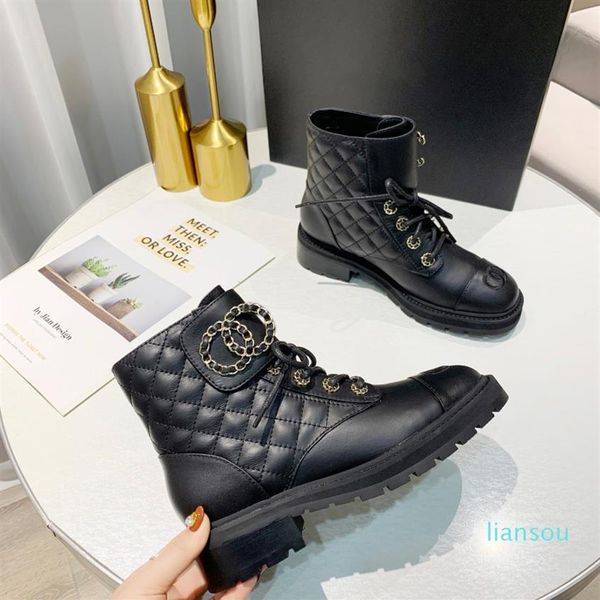 

interlocking black ankle biker chunky platform flats combat boots low heel lace-up booties leather chains logo buckle women287o
