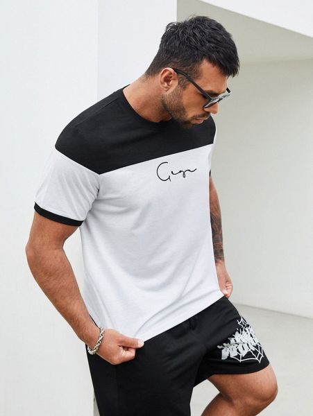

extended sizes men letter graphic colorblock tee i8n2#, White;black