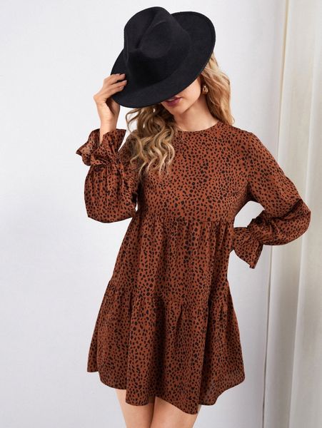 

keyhole back dalmatian allover print flounce sleeve ruffle hem dress p7an#, Black;gray