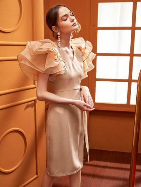 

x venice ventura exaggerated ruffle trim split hem dress w05x#, Black;gray