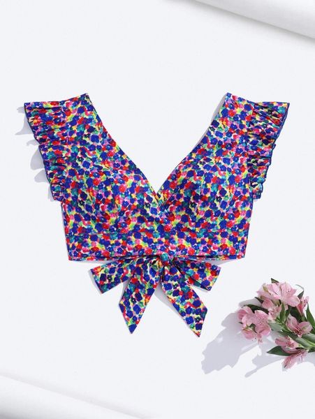 

x amy christine ditsy floral ruffle armhole tie hem x0nt#, White