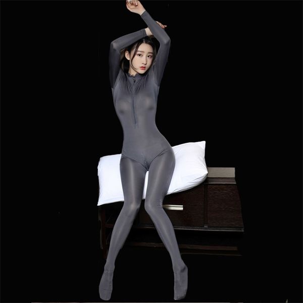 

women see through open bust jumpsuit hollow out zipper open crotch sheer smooth full body bodysuit shiny tight f30 220427, Red;black