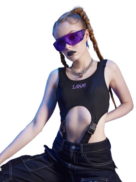 

romwe cyber luvr letter graphic buckle cut out bodysuit x4uv#, White