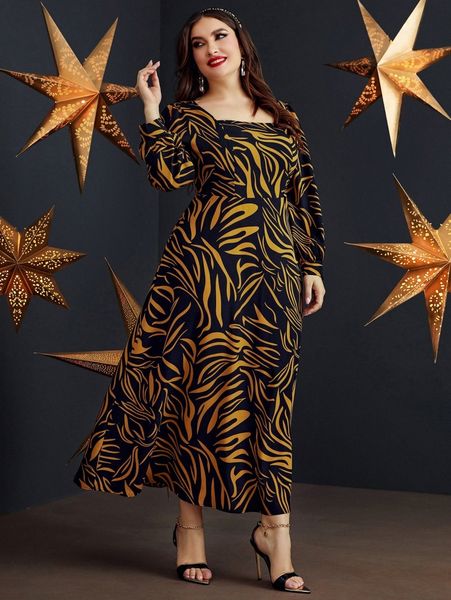 

plus graphic print square neck lantern sleeve dress d2ml#, Black