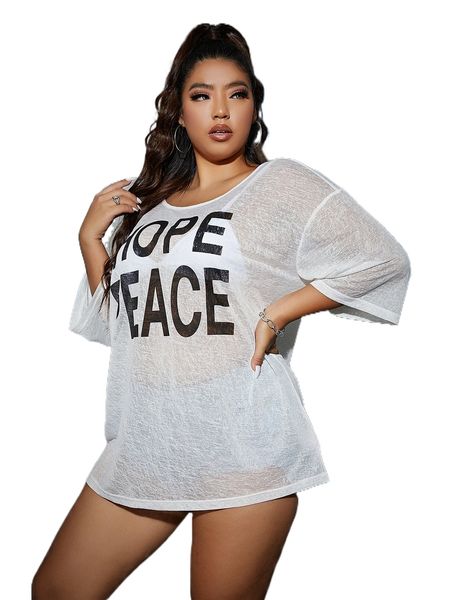 

plus slogan graphic drop shoulder without bra z70d#, Black