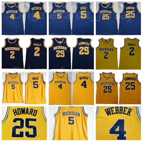 NCAA Michigan Wolverines College Basketball 25 Juwan Howard Trikots 4 Chris Webber 2 Jorda Poole 5 Jalen Rose Retro Vintage University Marineblau Gelb Gute Qualität