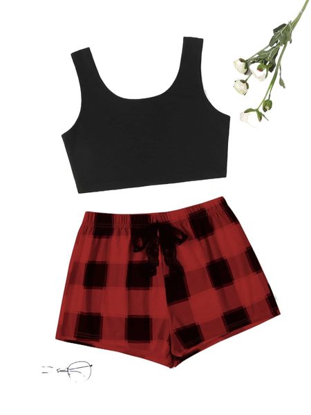 

plaid print tie front pj set 11jq#, Black;red
