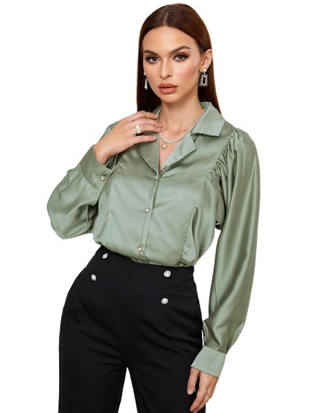 

solid button front lapel neck satin blouse z7lb#, White