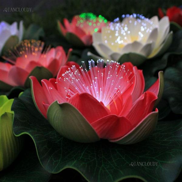 Dekoratif Çiçek Çelenkleri Yapay Led Optik Fiber Işık Yüzen Sahte Lotus Yaprak Çiçek Kafaları Zambak Renk Düğün Partisi Gece Dekoratio