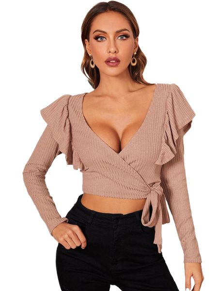 

ruffle trim wrap knot side crop tee r8tg#, White