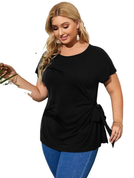 

plus tie side batwing sleeve tee s927#, Black