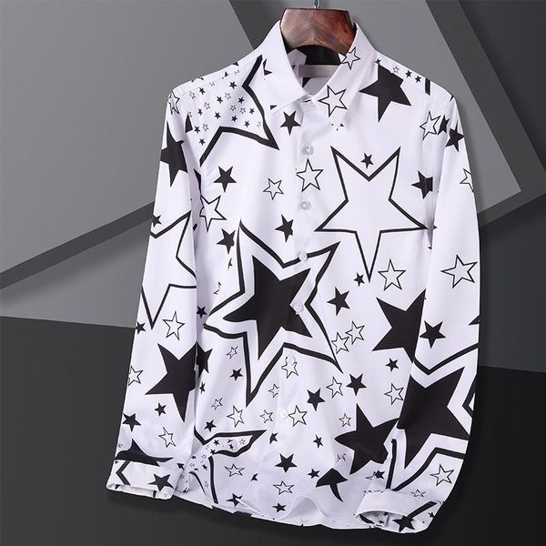 

designer men's shirts social long-sleeved five-pointed star designer shirt office slim retro fashion party clothing, White;black