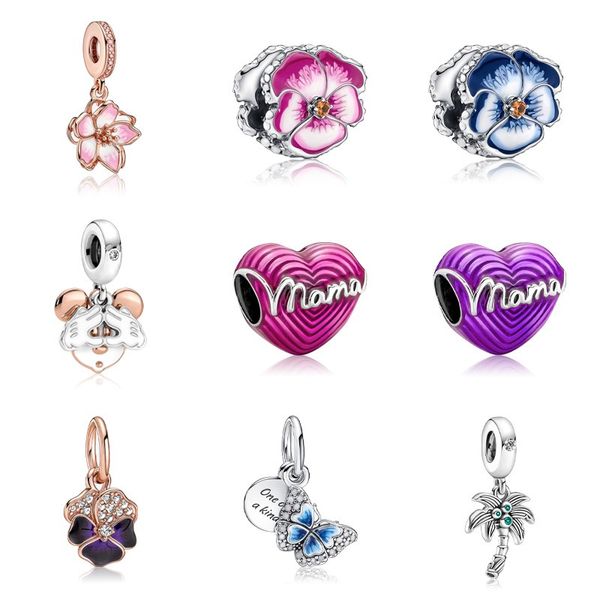 Atacado 30pc Butterfly Butterfly Blossom Mom Mom Coco Tree Sakura Dangle Charms Bed Charm Silver Pingente Pingente