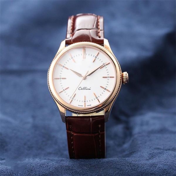 

men's watch from the upper chain movement cellini series 316 steel case sapphire scratch-proof mirror leather strap diamete230k, Slivery;brown