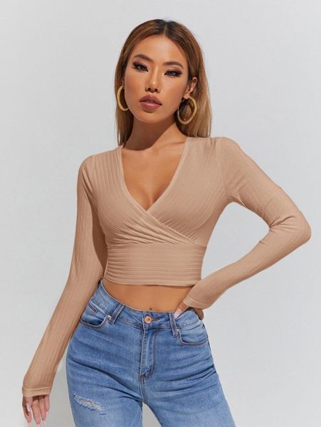 

petite surplice neck crop tee 896s#, White