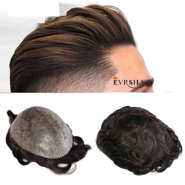 

men's toupee 100% human hair natural wave durable soft thin skin pu system remy mens wig replacements toupee prosthesis for man, Black