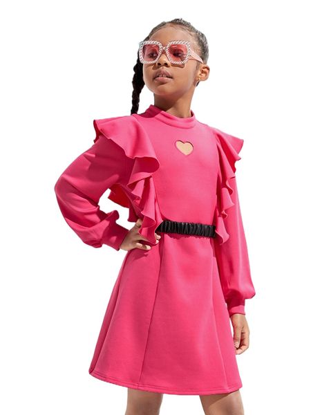 

girls cutout detail ruffle trim dress without belt 41cw#, Black;white