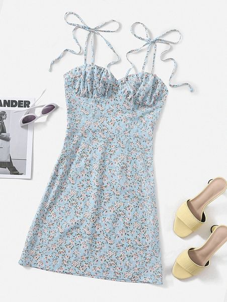 

tie shoulder ruched bust ditsy floral cami dress 44xm#, Black;gray