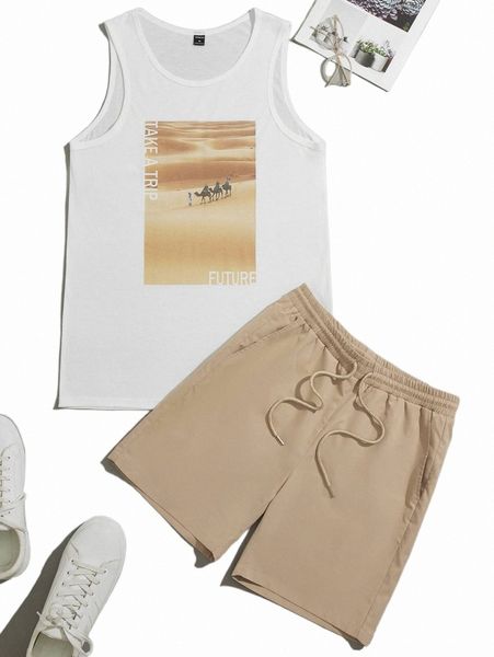 

men slogan & figure graphic tank & drawstring waist shorts b4t0#, Gray