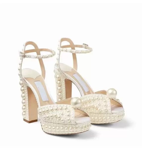 

summer lady sandals dress wedding shoes sacaria pearl-embellished satin platform sandals elegant women white bride pearls high heels ladies, Black