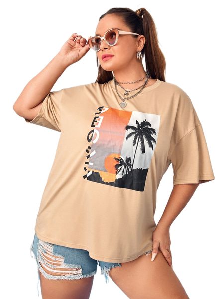 

plus coconut tree & japanese letter graphic drop shoulder tee j4zy#, Black